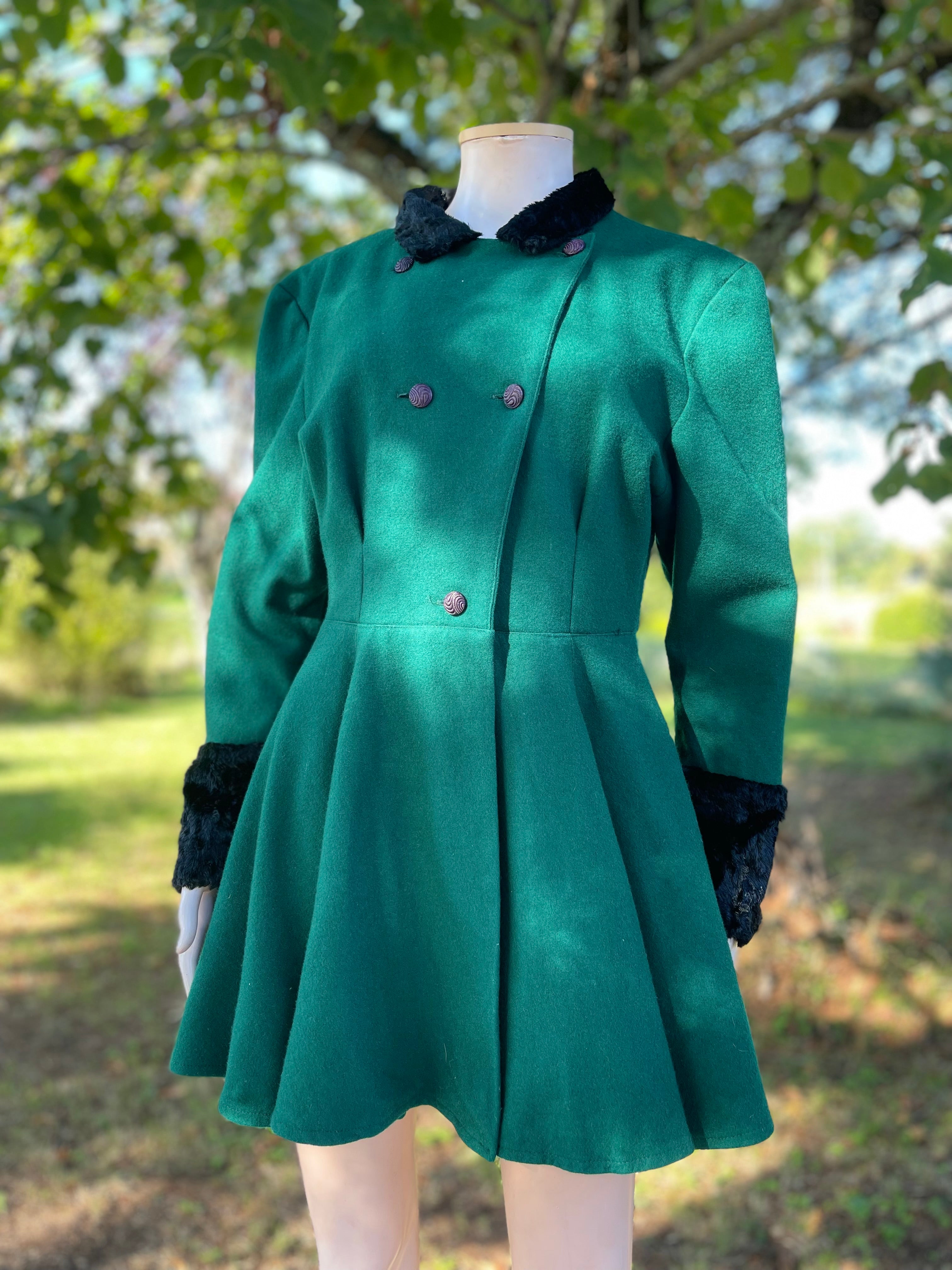 Manteau vintage vert & noir en laine – Taille 36/38
