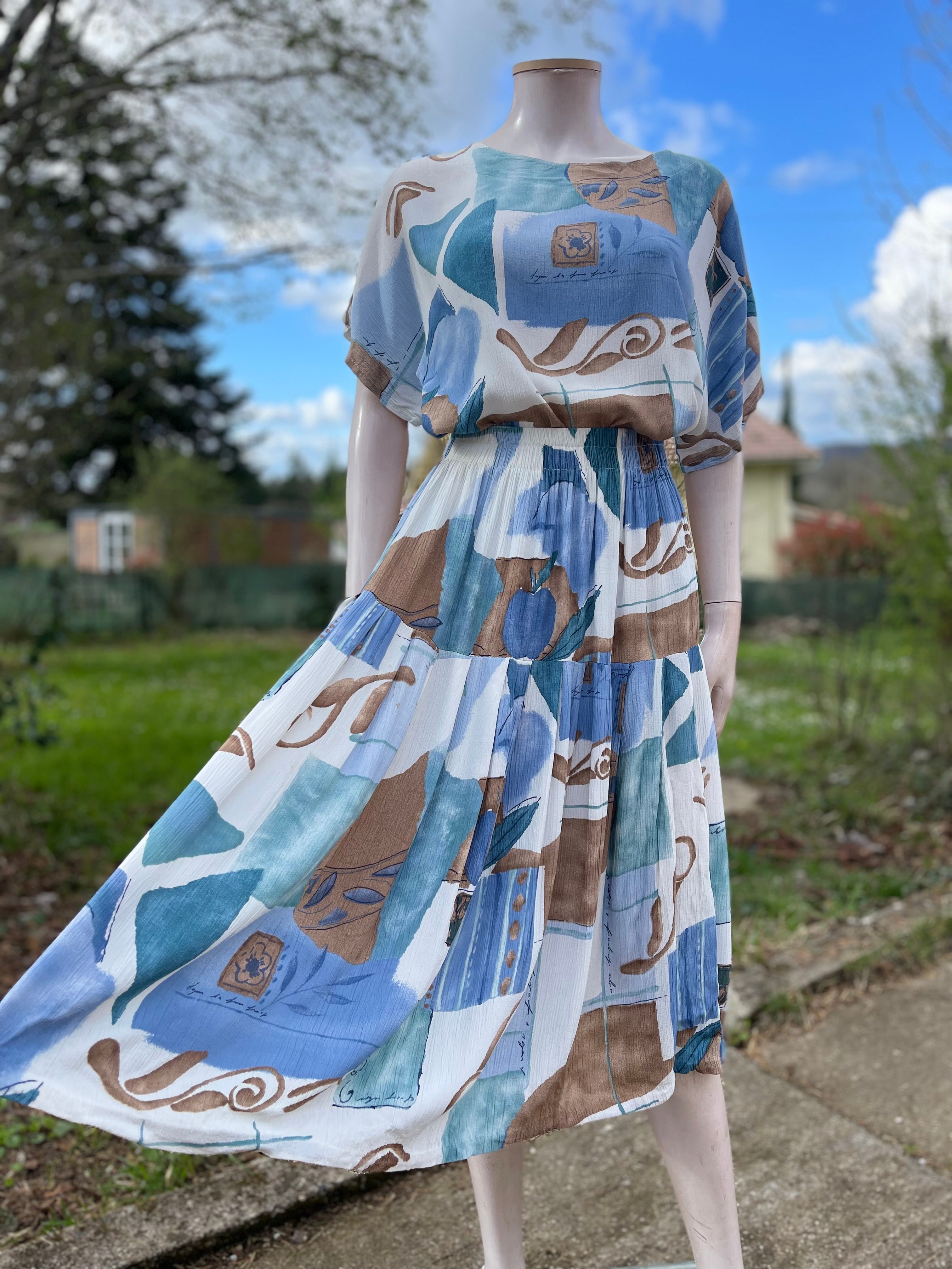 Ensemble vintage jupe + blouse imprimé viscose taille élastique 36