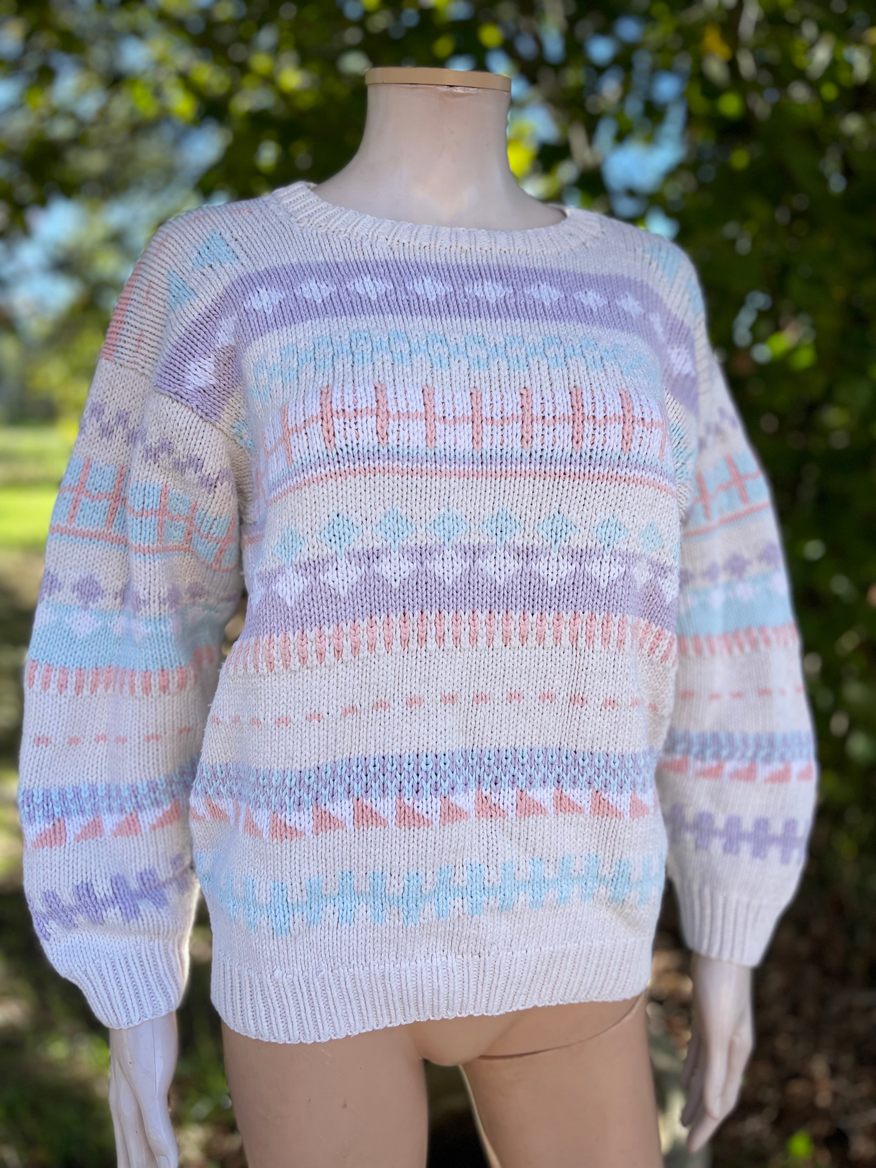 Pull vintage pastel 100% coton fait main – Taille 36/38