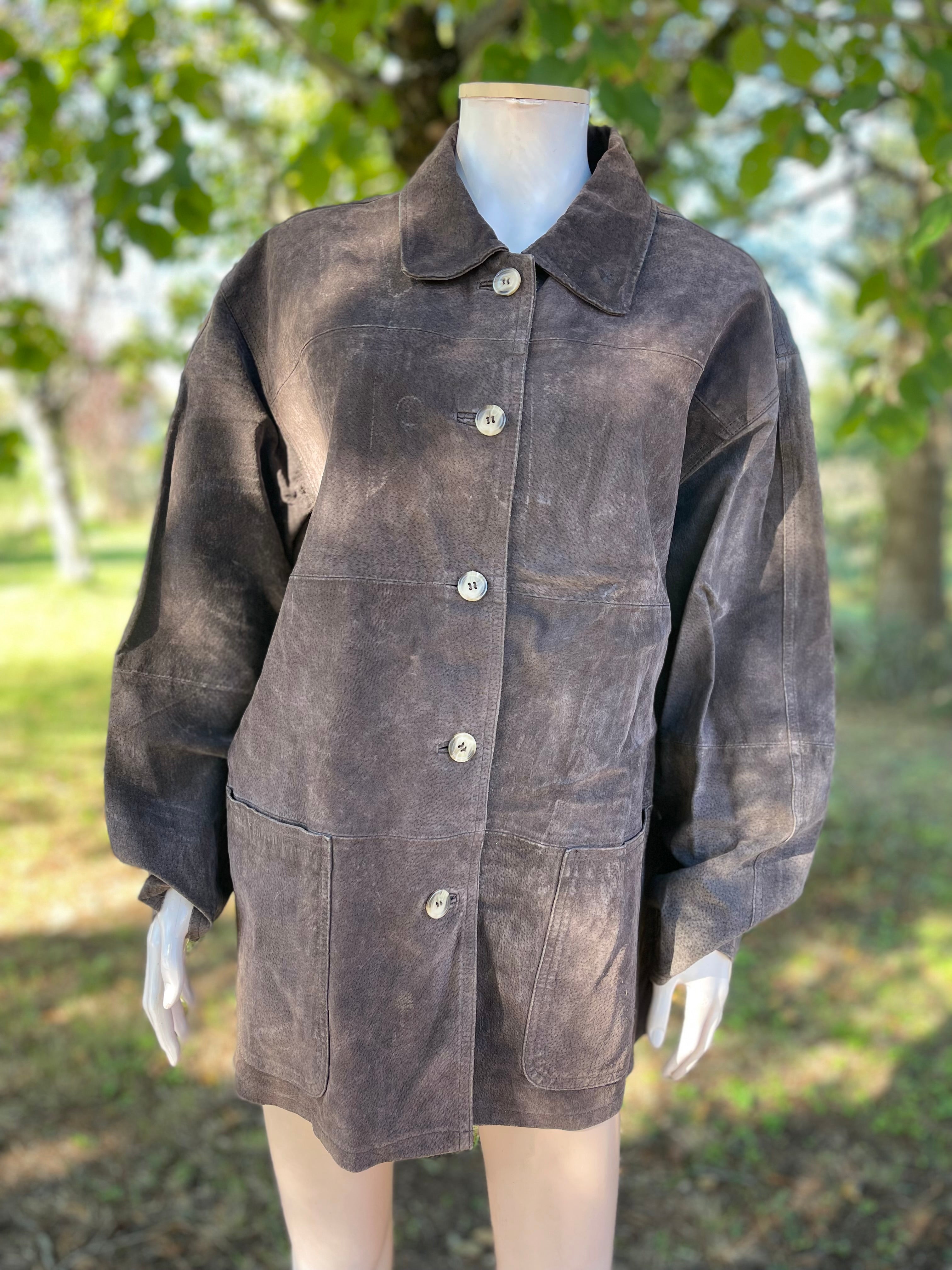 Veste vintage homme en croûte de cuir de porc – Marron chocolat