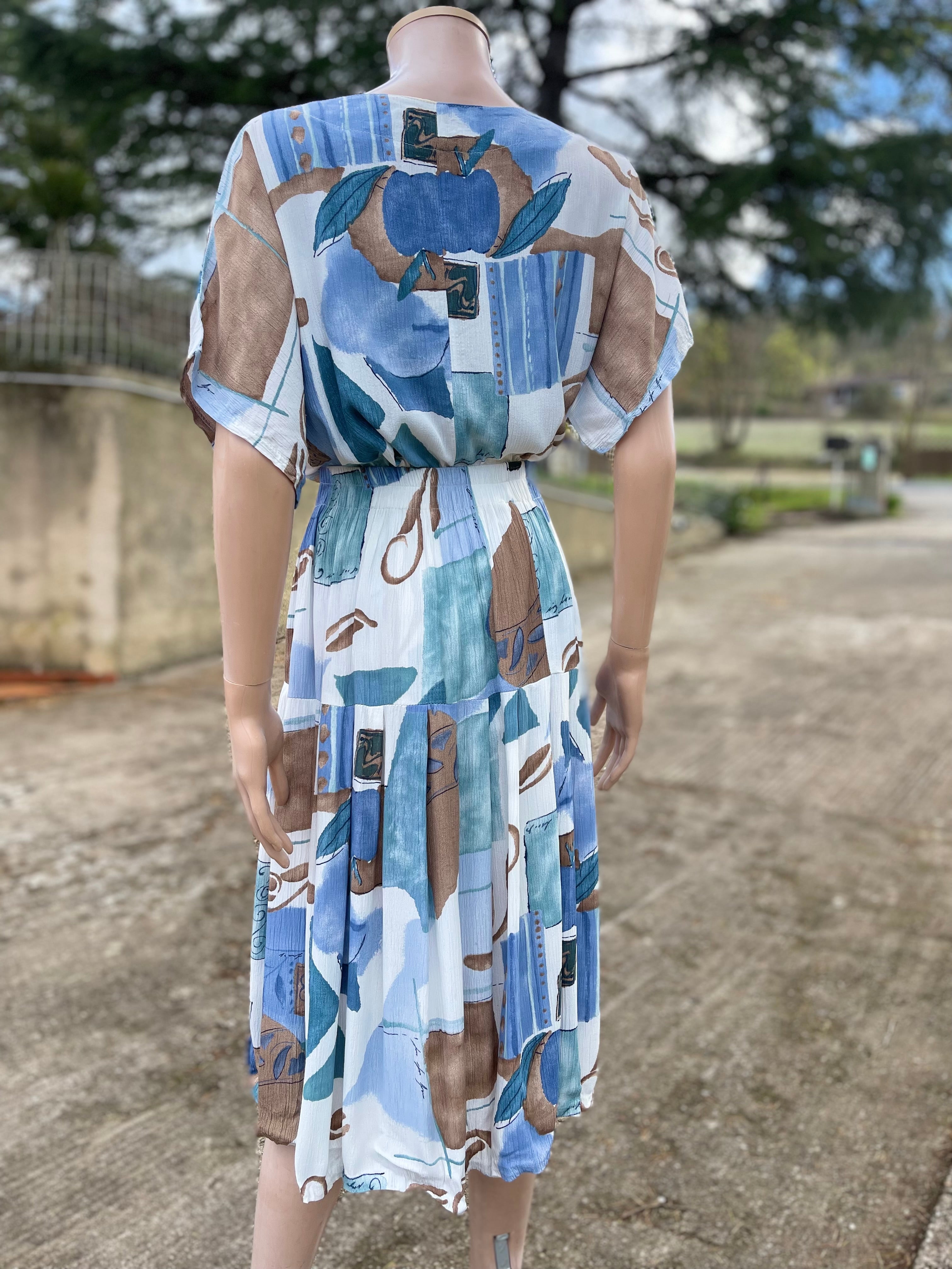 Ensemble vintage jupe + blouse imprimé viscose taille élastique 36