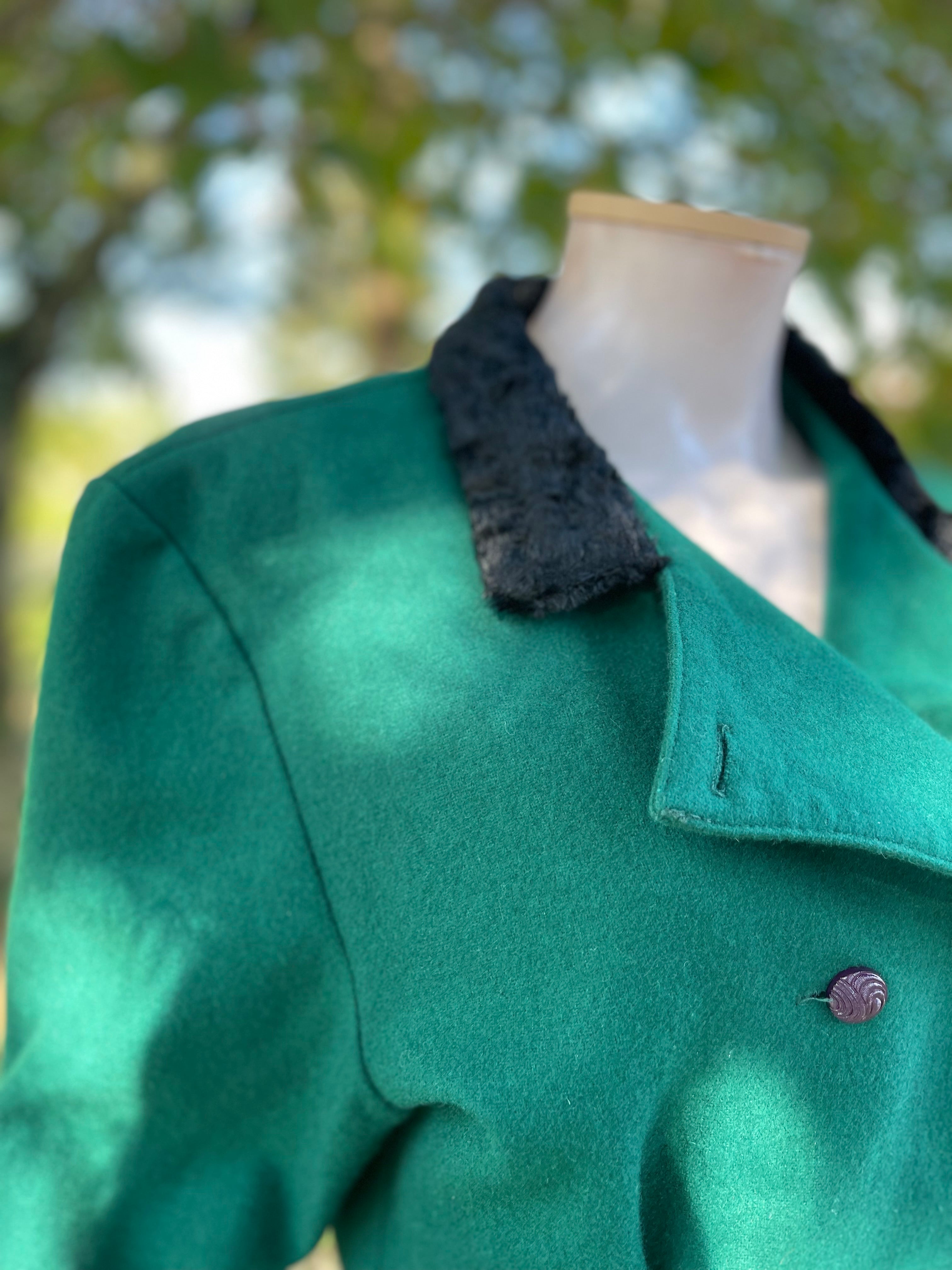Manteau vintage vert & noir en laine – Taille 36/38