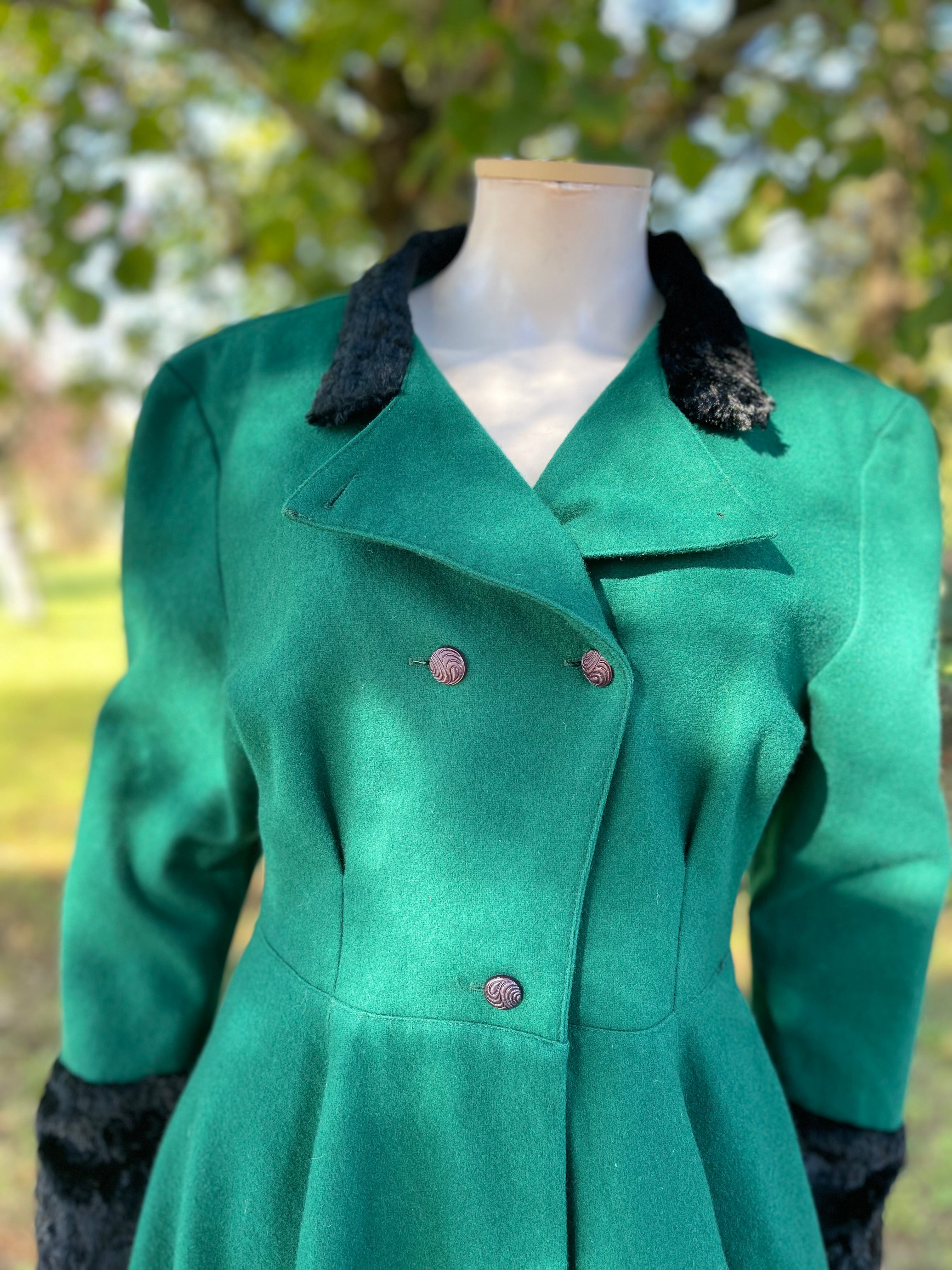 Manteau vintage vert & noir en laine – Taille 36/38