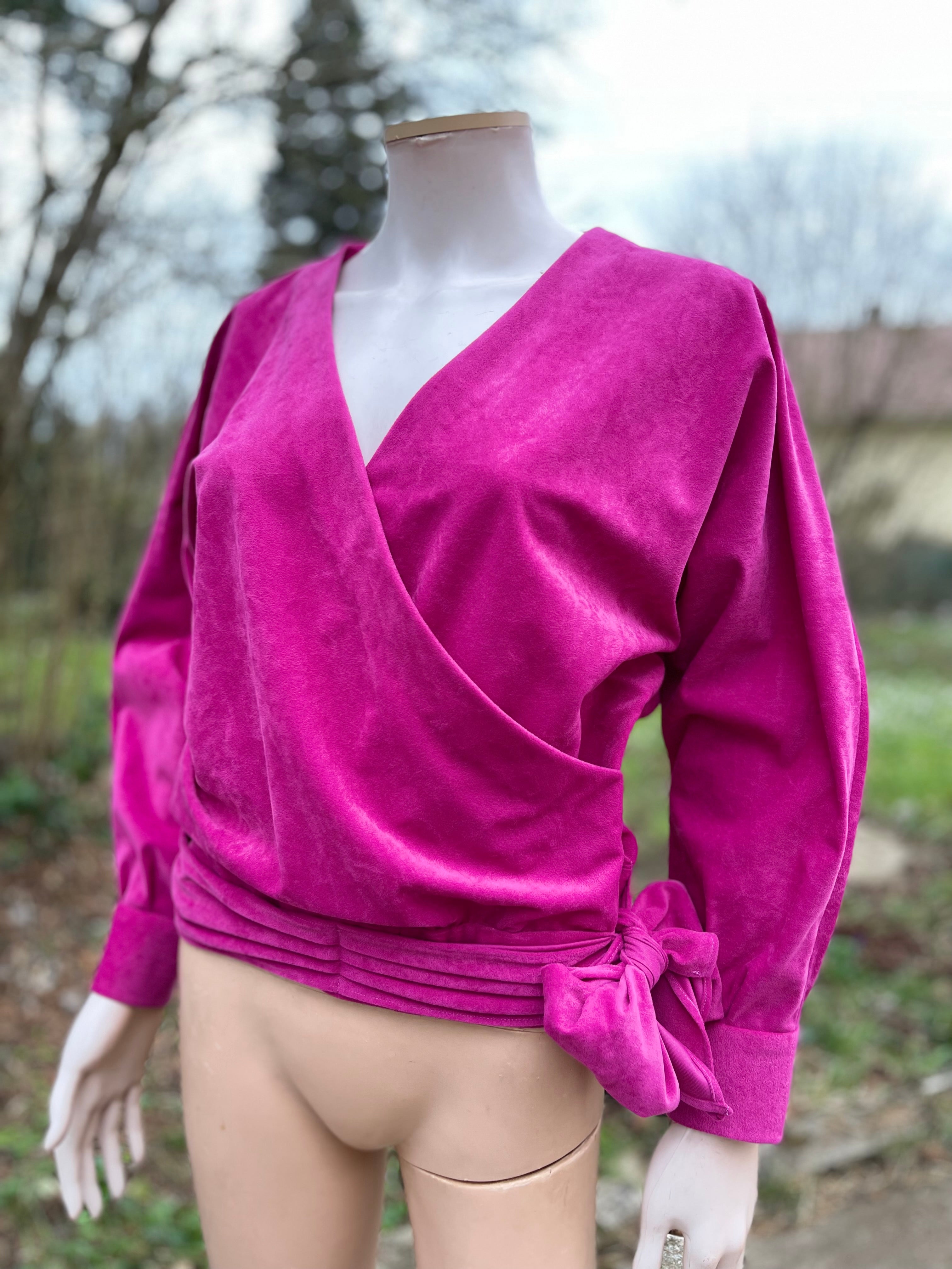 Blouse vintage 80s velours fuchsia faite main 36