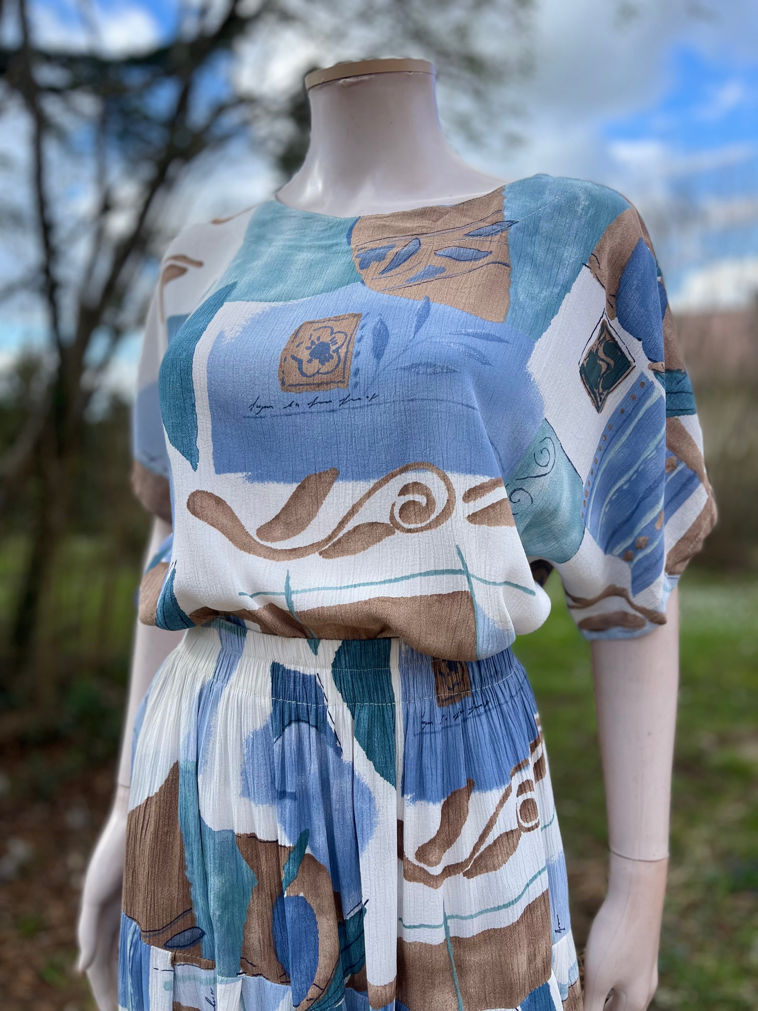 Ensemble vintage jupe + blouse imprimé viscose taille élastique 36