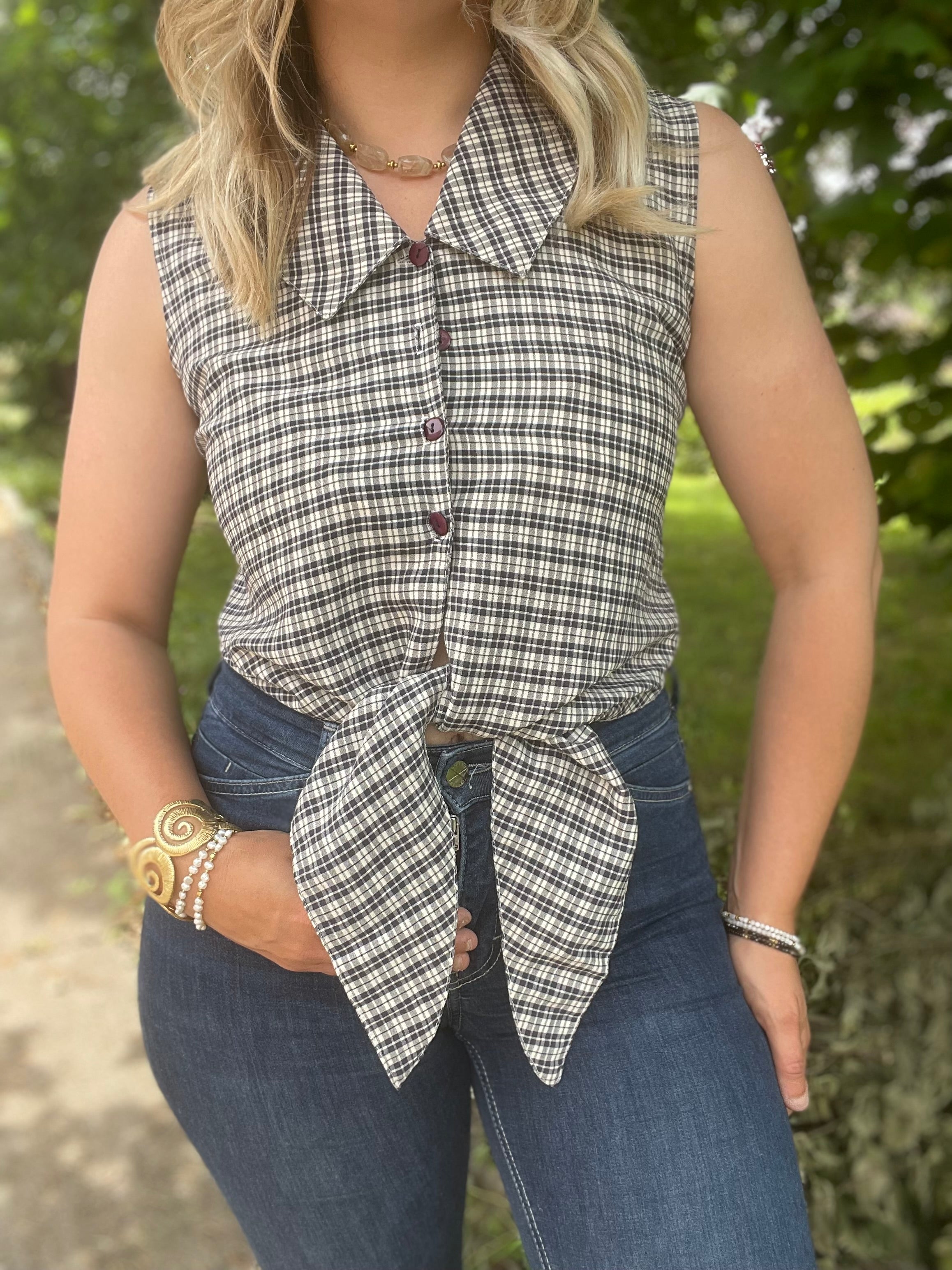 Top noué vintage à carreaux 38