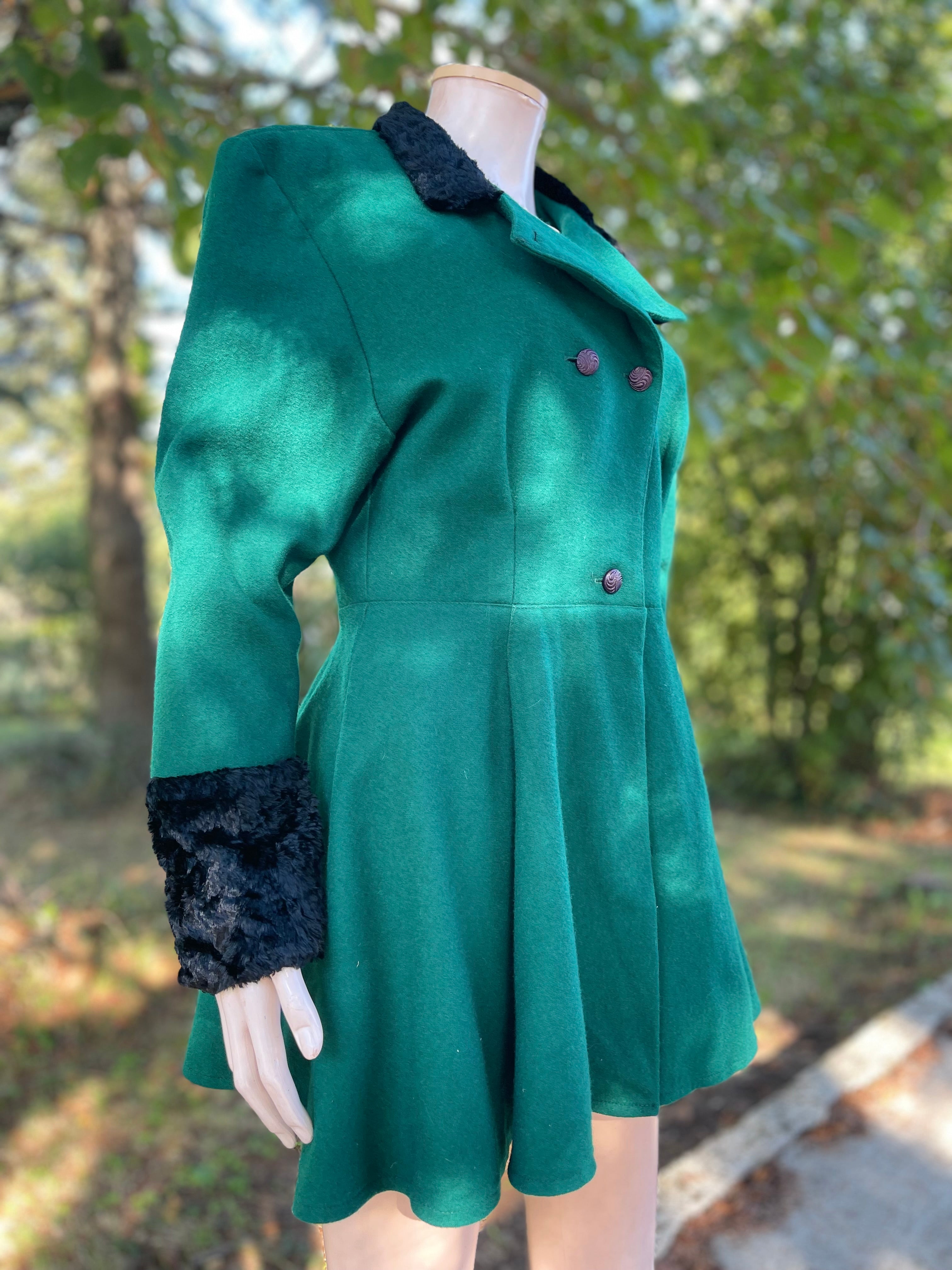 Manteau vintage vert & noir en laine – Taille 36/38