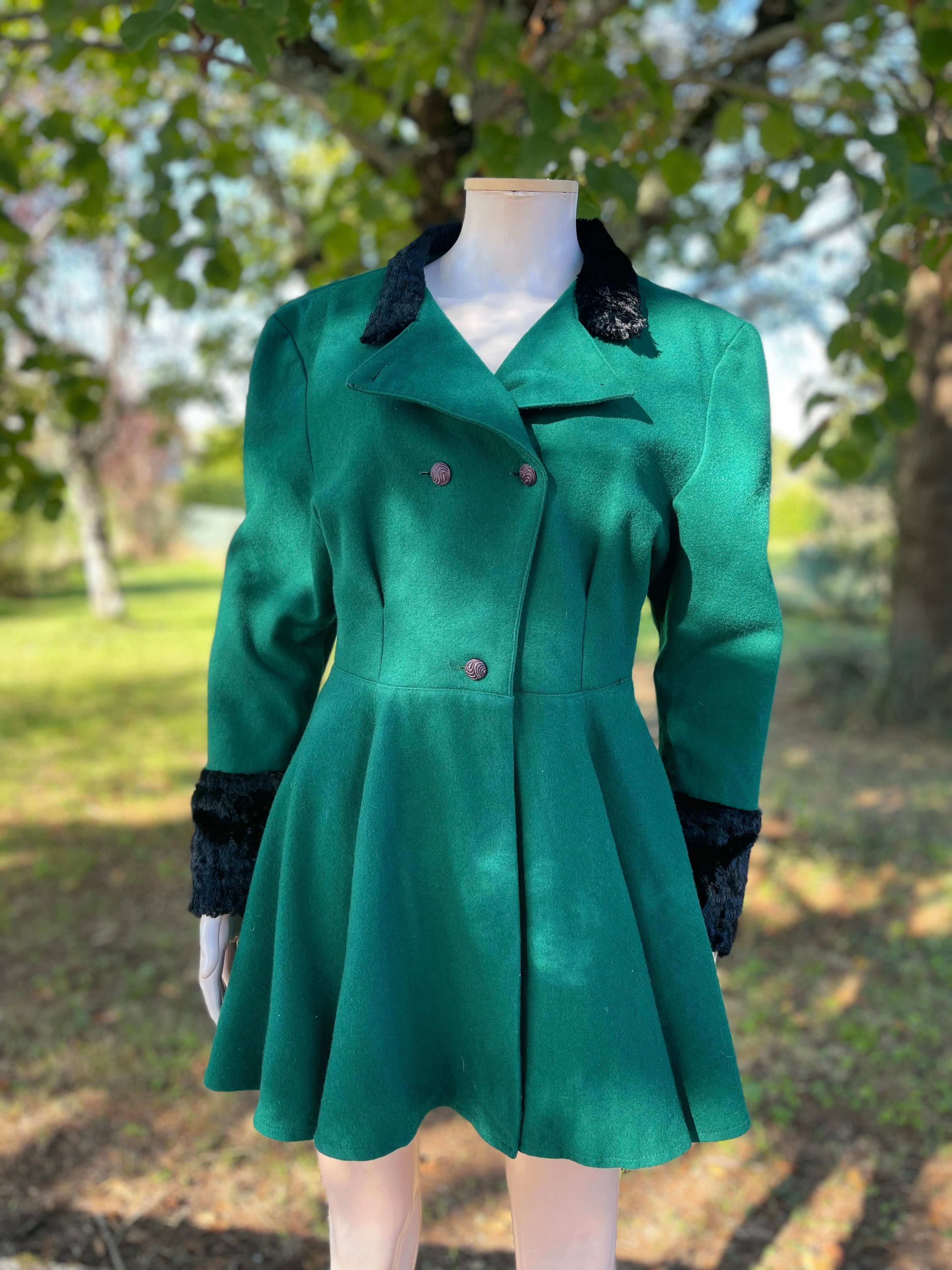 Manteau vintage vert & noir en laine – Taille 36/38