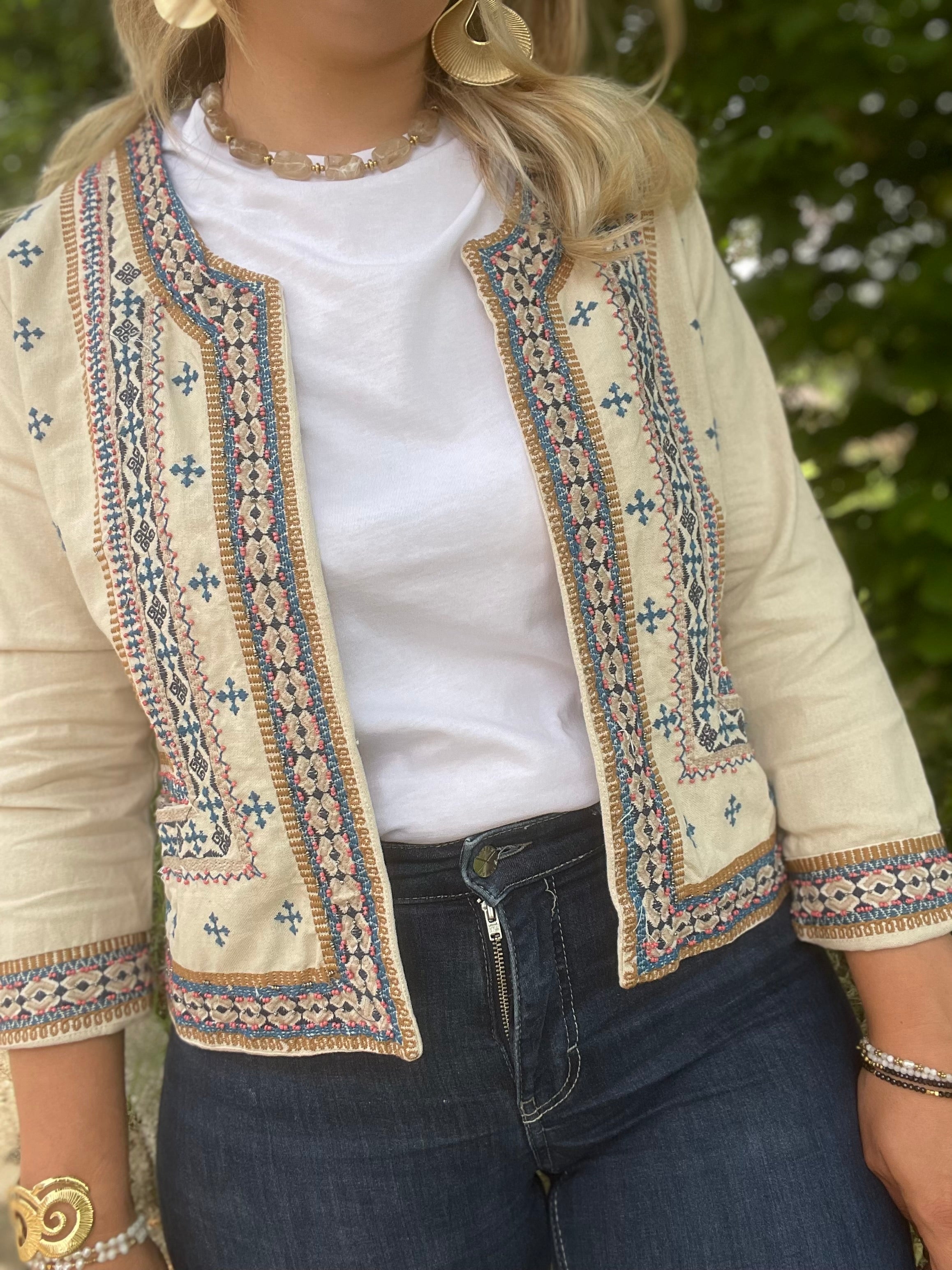 Veste brodée écrue bohème 36-38