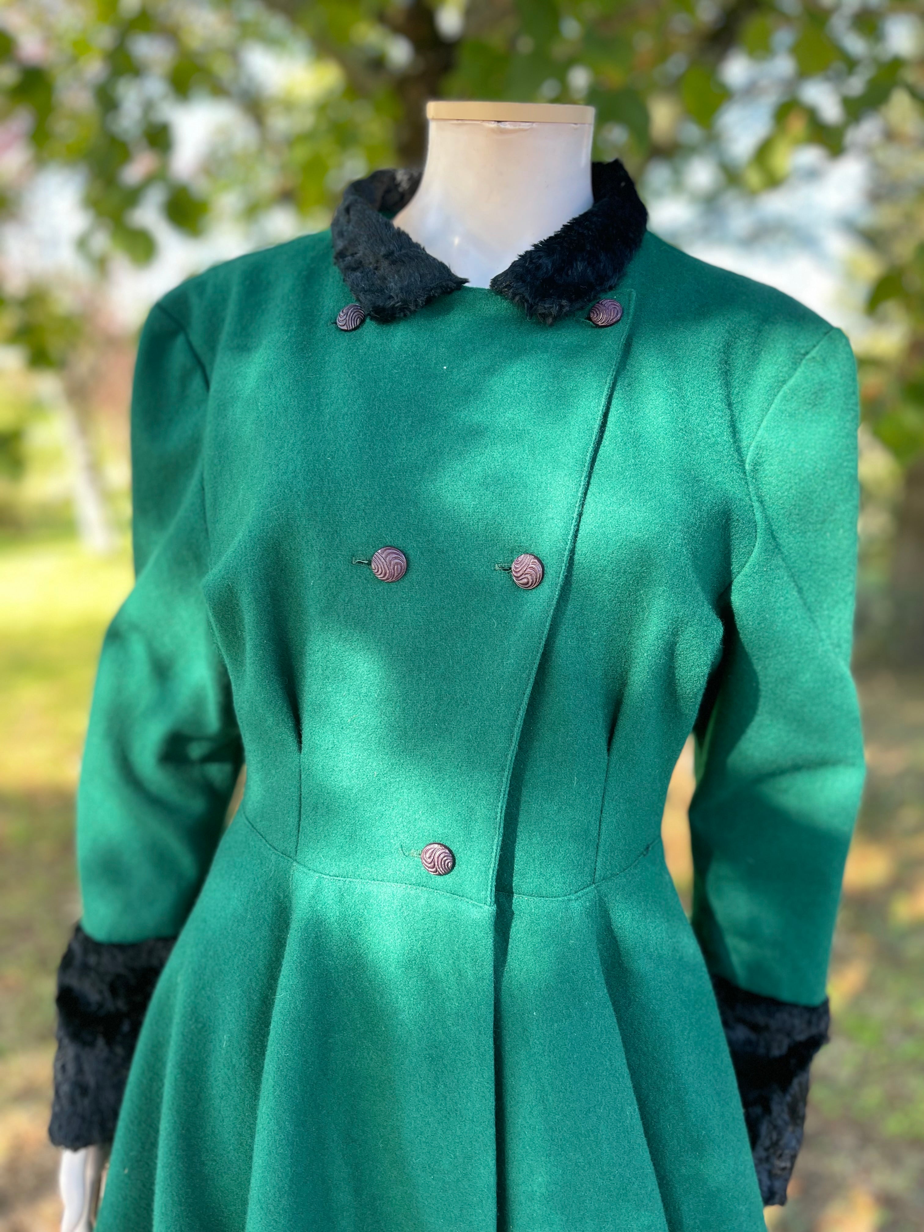 Manteau vintage vert & noir en laine – Taille 36/38