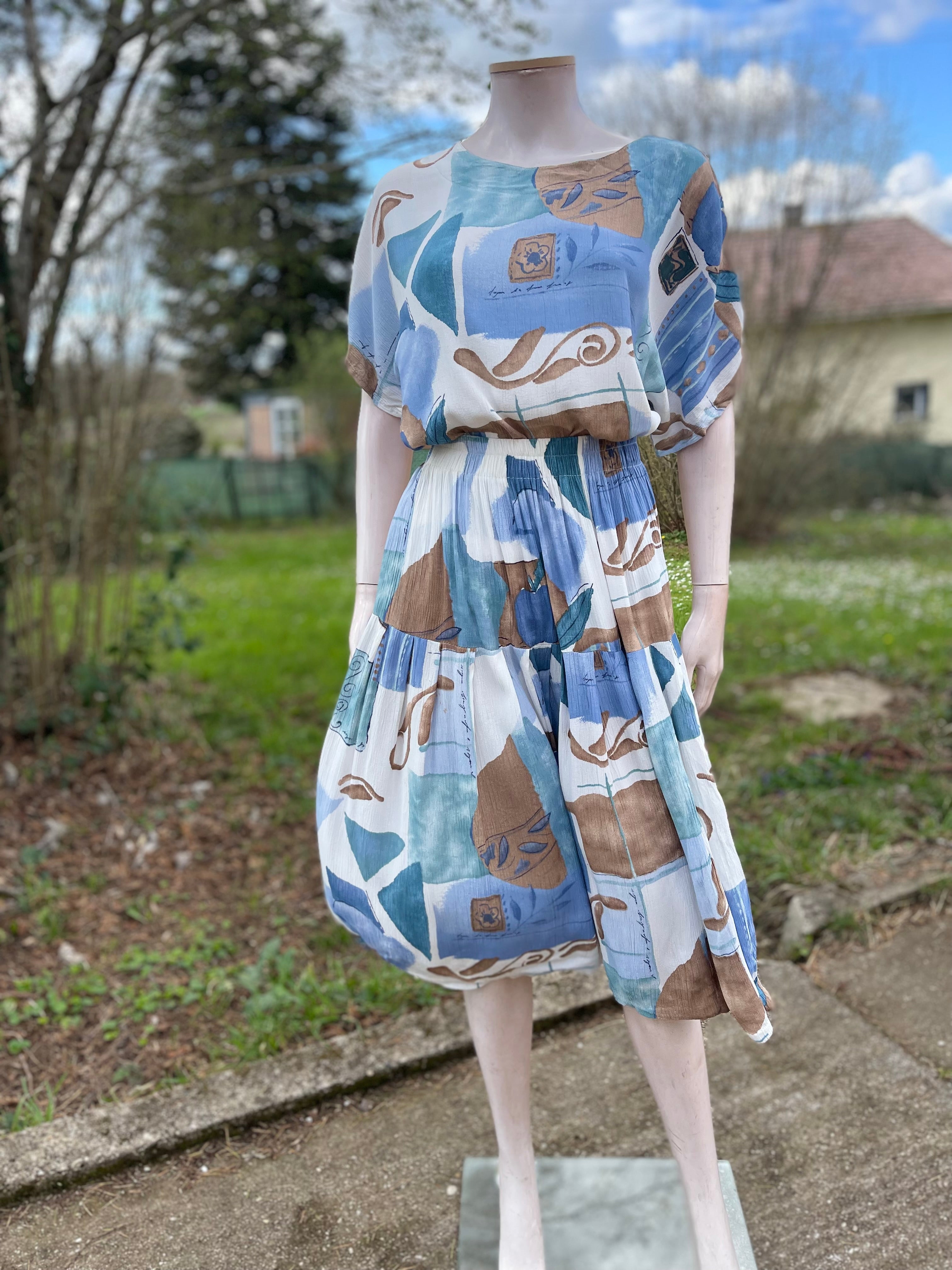 Ensemble vintage jupe + blouse imprimé viscose taille élastique 36