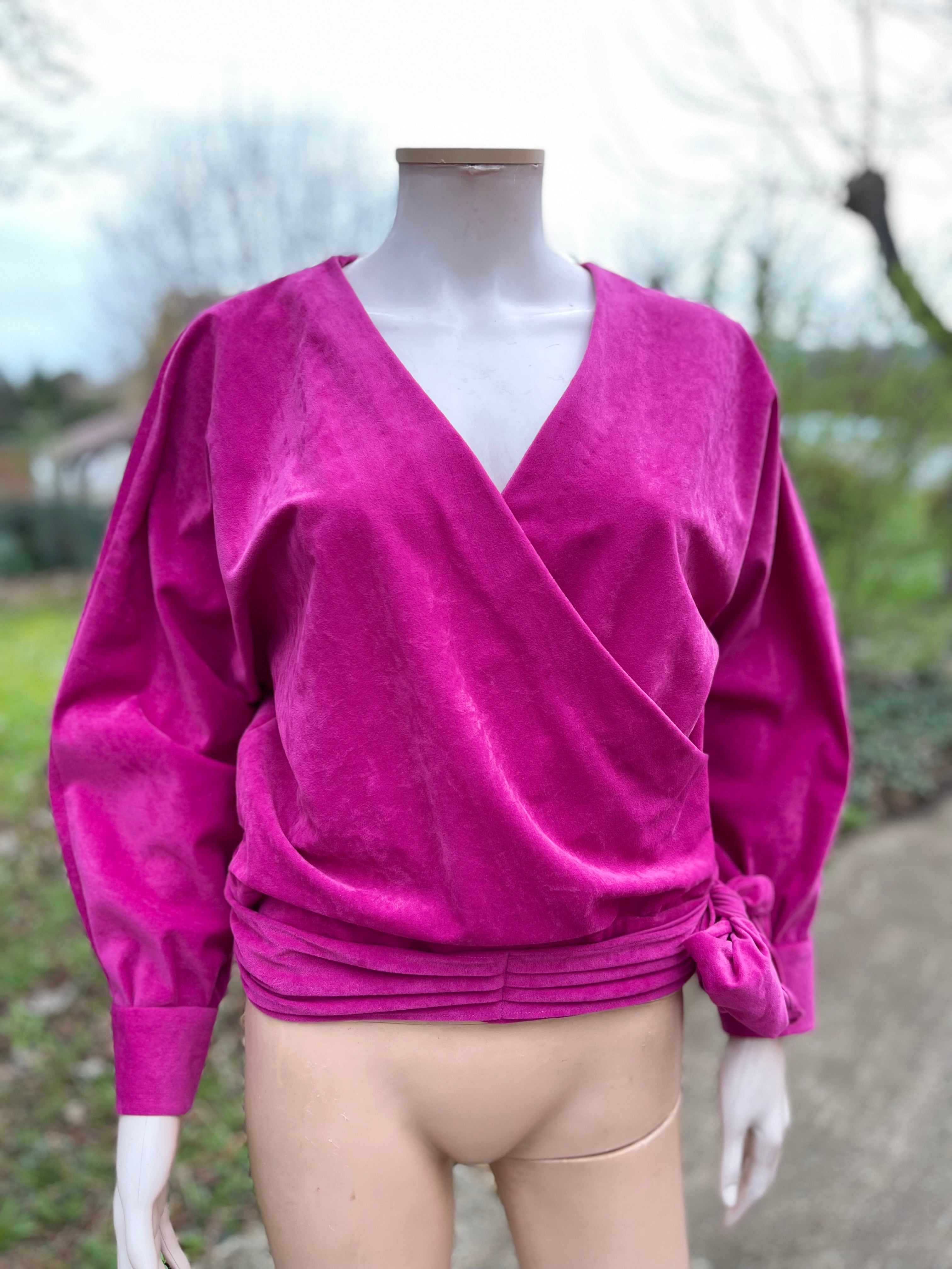 Blouse vintage 80s velours fuchsia faite main 36