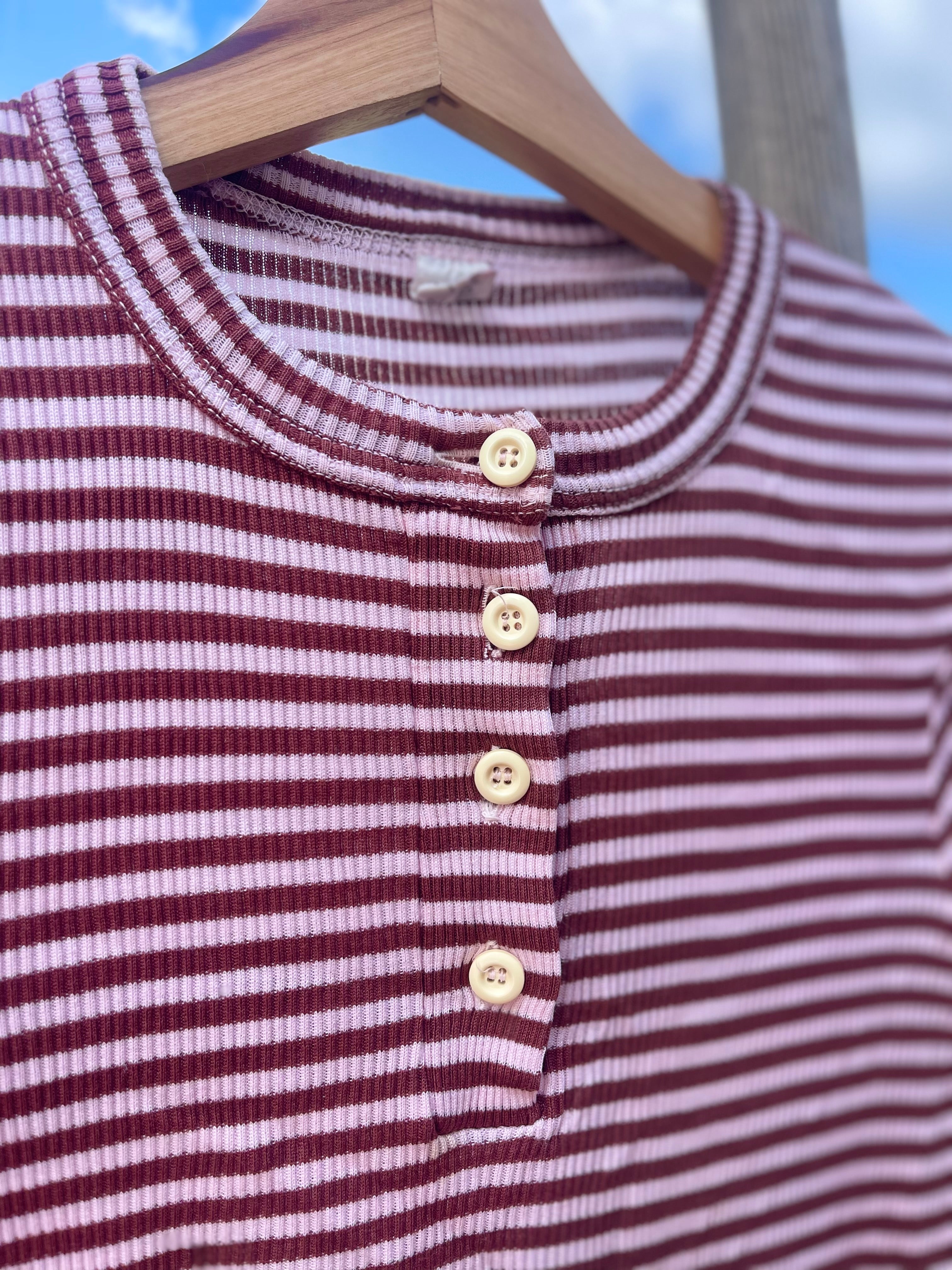 T-shirt vintage côtelé rayé bordeaux & rose