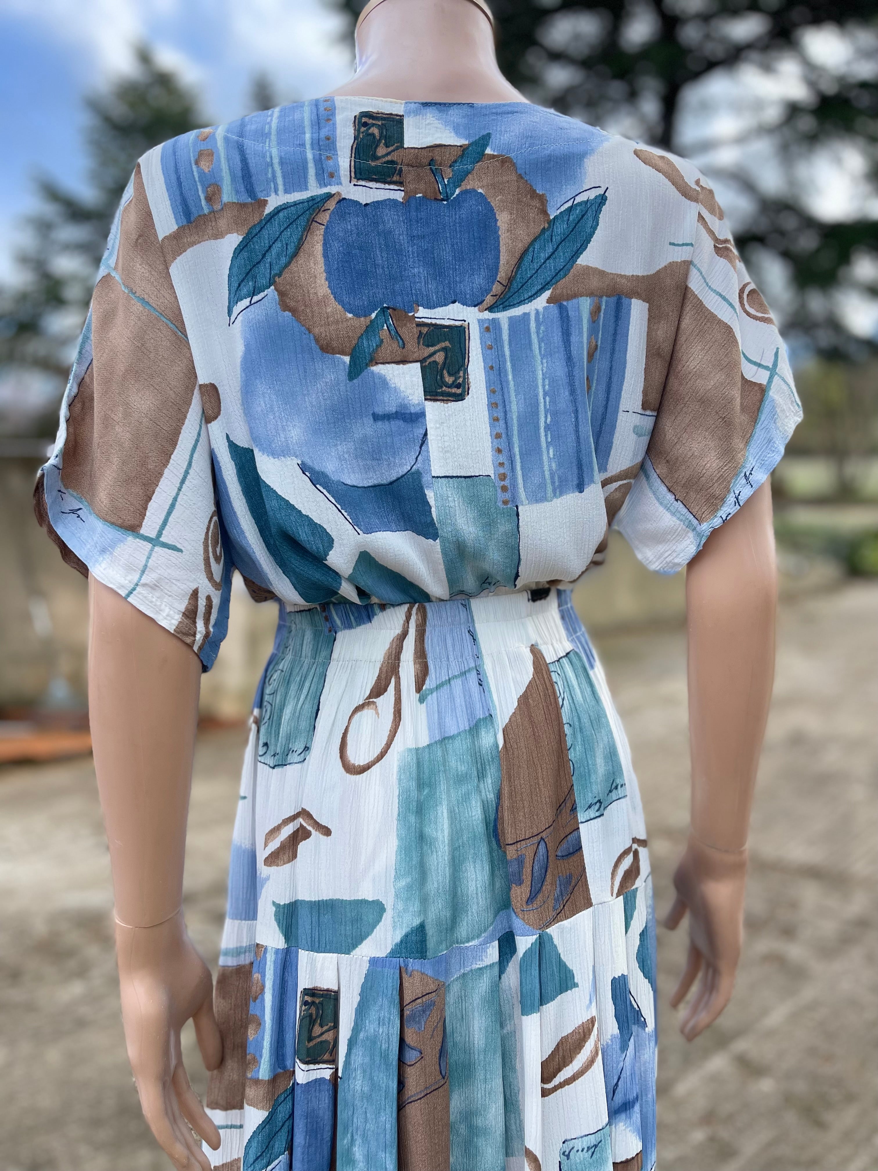 Ensemble vintage jupe + blouse imprimé viscose taille élastique 36