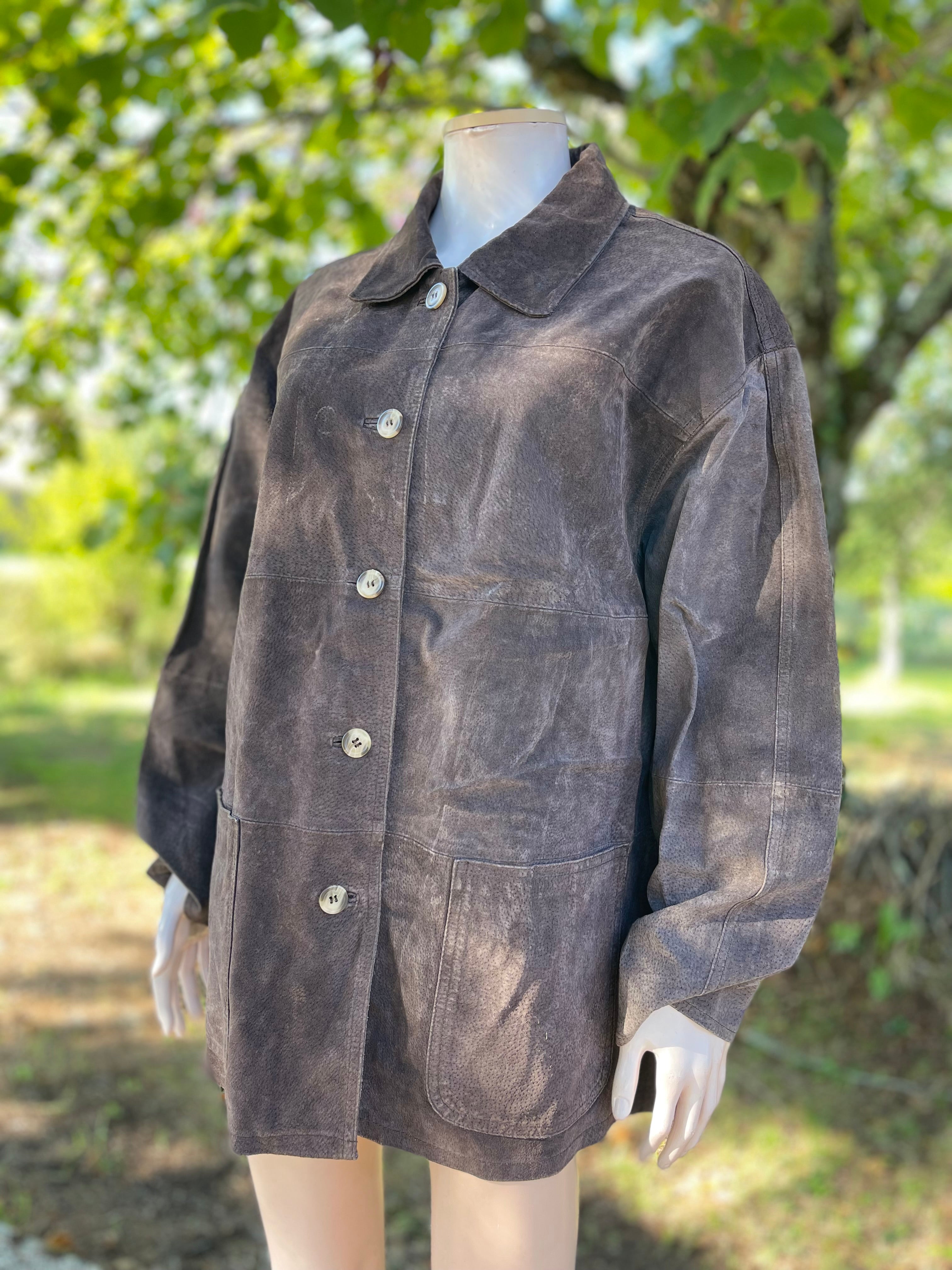 Veste vintage homme en croûte de cuir de porc – Marron chocolat