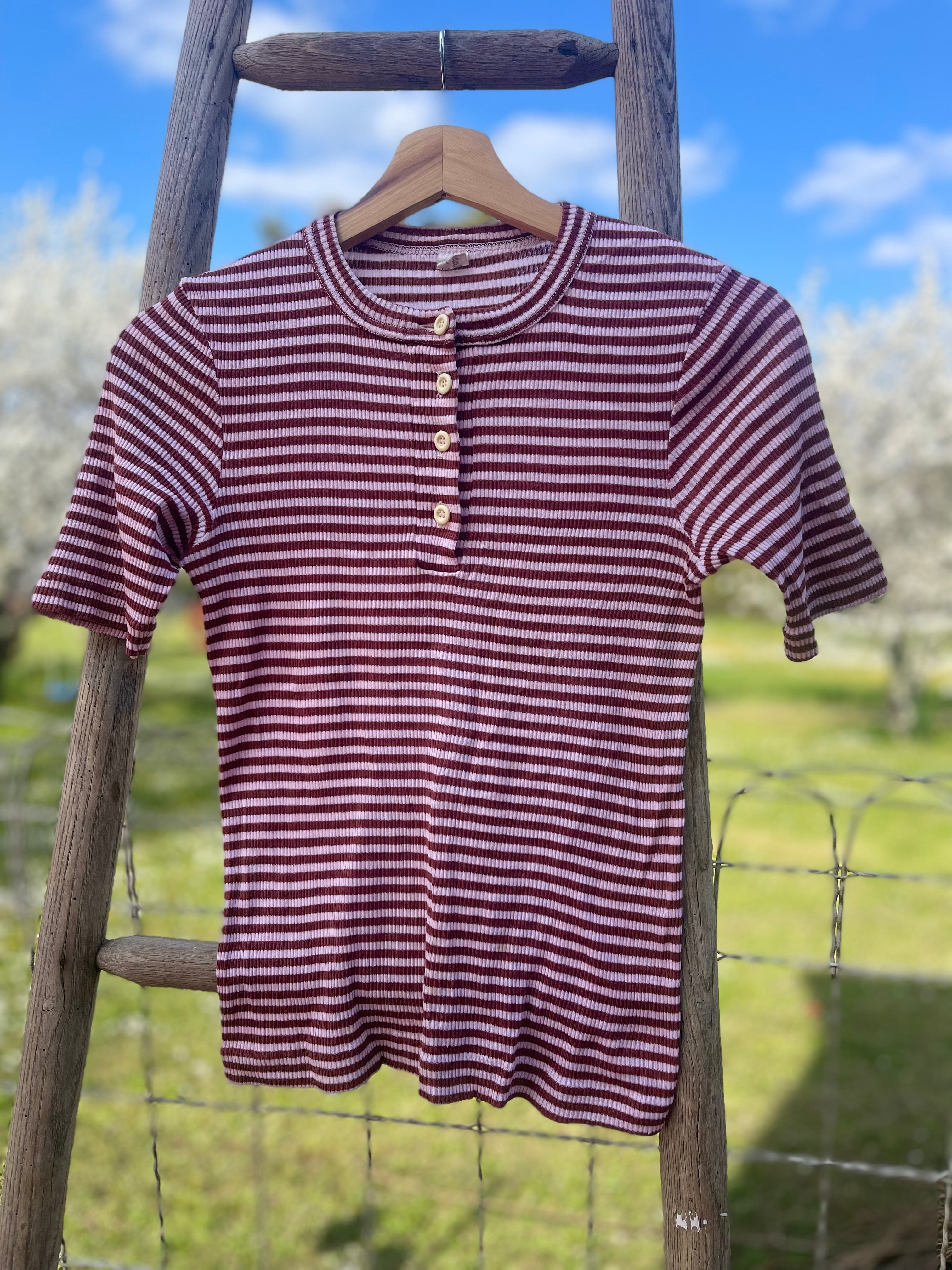 T-shirt vintage côtelé rayé bordeaux & rose